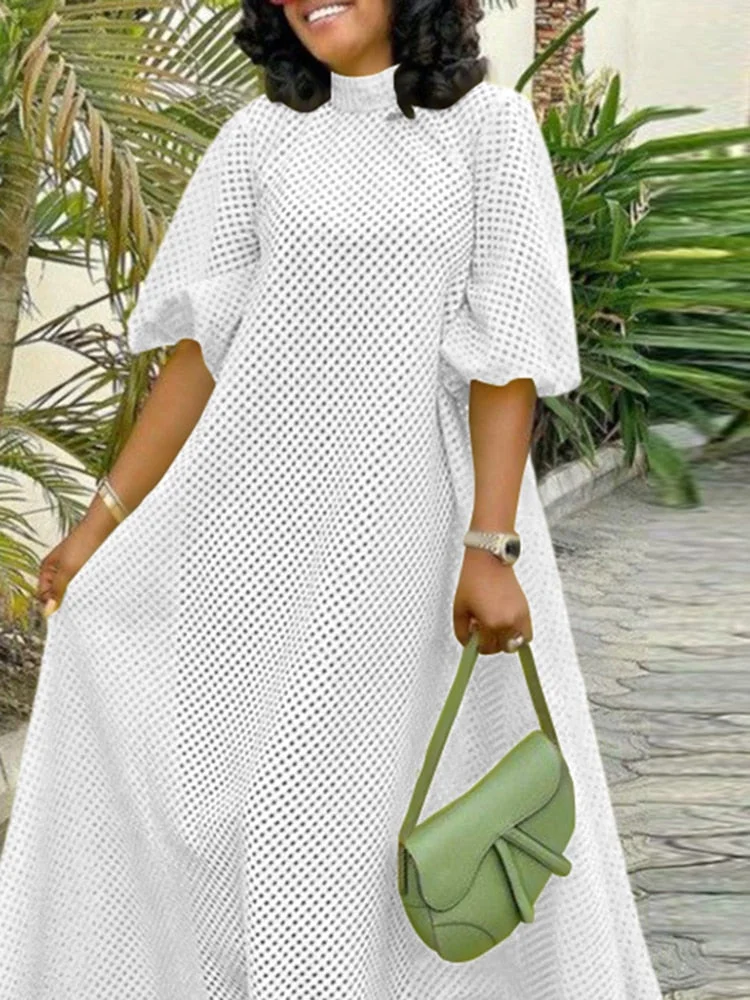 Summer Baggy Dress VONDA Women Casual O Neck Half Sleeve See Through Long Maxi Dresses Femme Pleated Puff Sleeve Beach Sundress