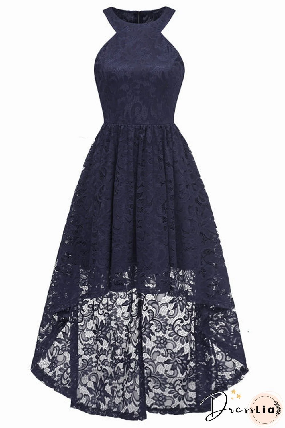 Dark Navy High Low Cut Out Lace Prom Dress