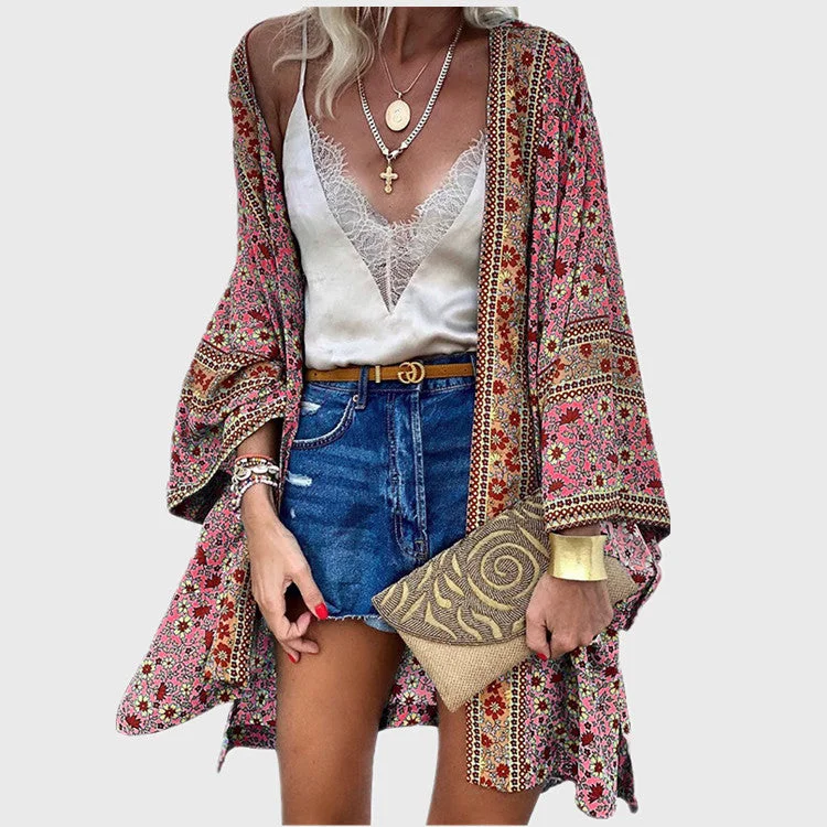 Brownm Early Autumn Street Hipster Thin Loose Bohemian Long-sleeved Printed Mid-length Cardigan