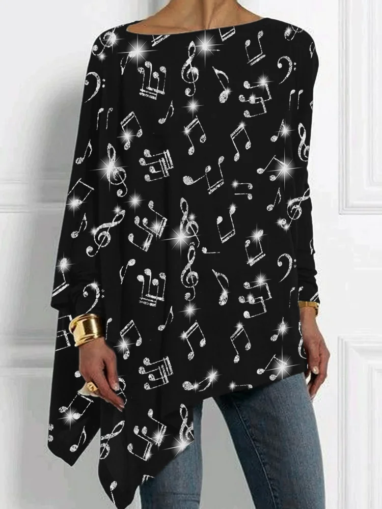 Glitter Music Notes Bat Sleeve T Shirt