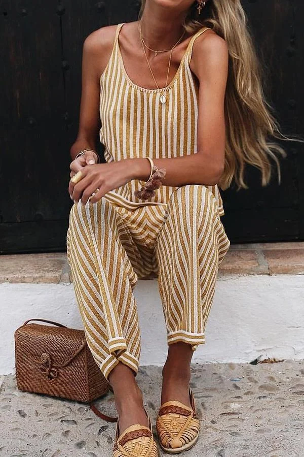 Womens Casual Striped Sleeveless Jumpsuit-Allyzone-Allyzone
