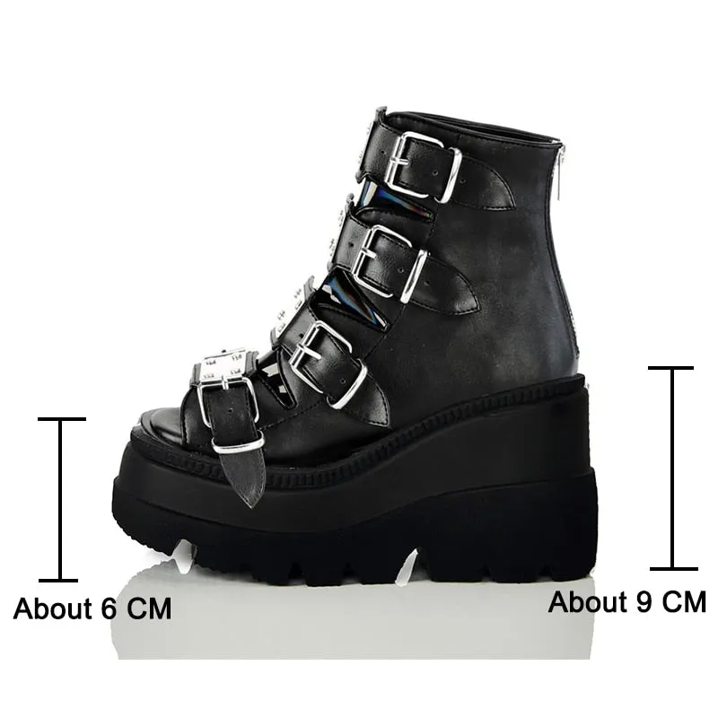 BONJOMARISA Dropshipping Brand Platform OPen Toe Wedges Goth Ankle Boots Women Buckle Peep Toe Multicolor Summer Women Shoes