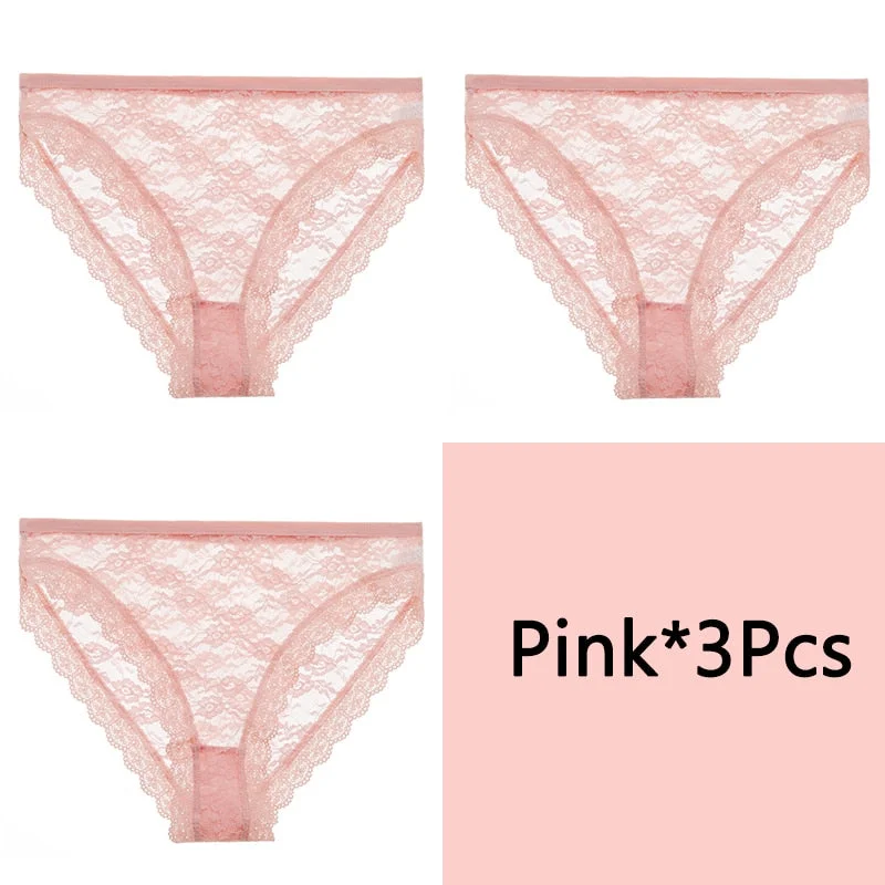 FINETOO Full Lace Briefs Panties Sexy Women Underwear M-2XL Low Waist Underpants Transparent Floral Panty Ladies Lingerie 3Pcs