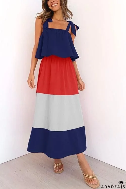 Color Block Bow Slip Maxi Dress