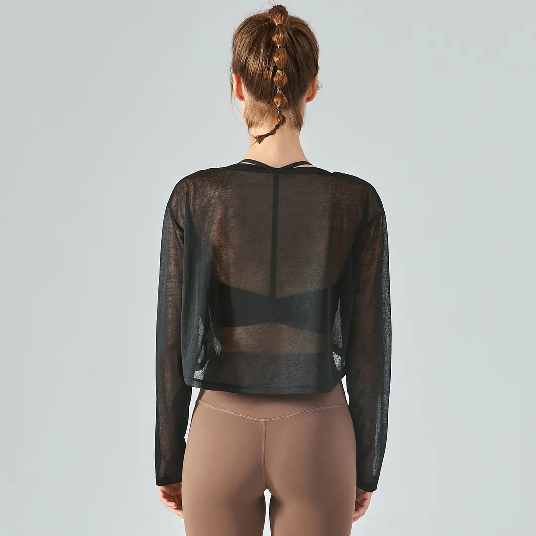 Shop Black moth yarn antistatic yoga smock see through gym t-shirt online on Hergymclothing