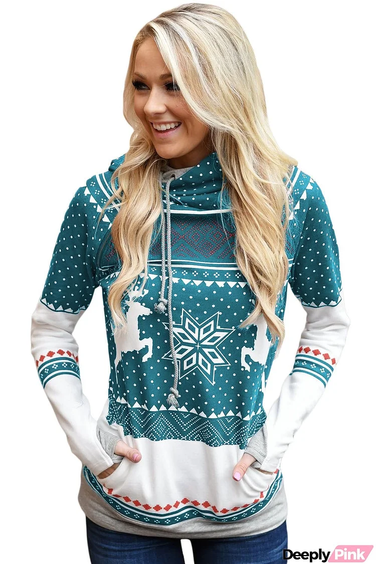 Mint Snow Reindeer Double Hooded Sweatshirt