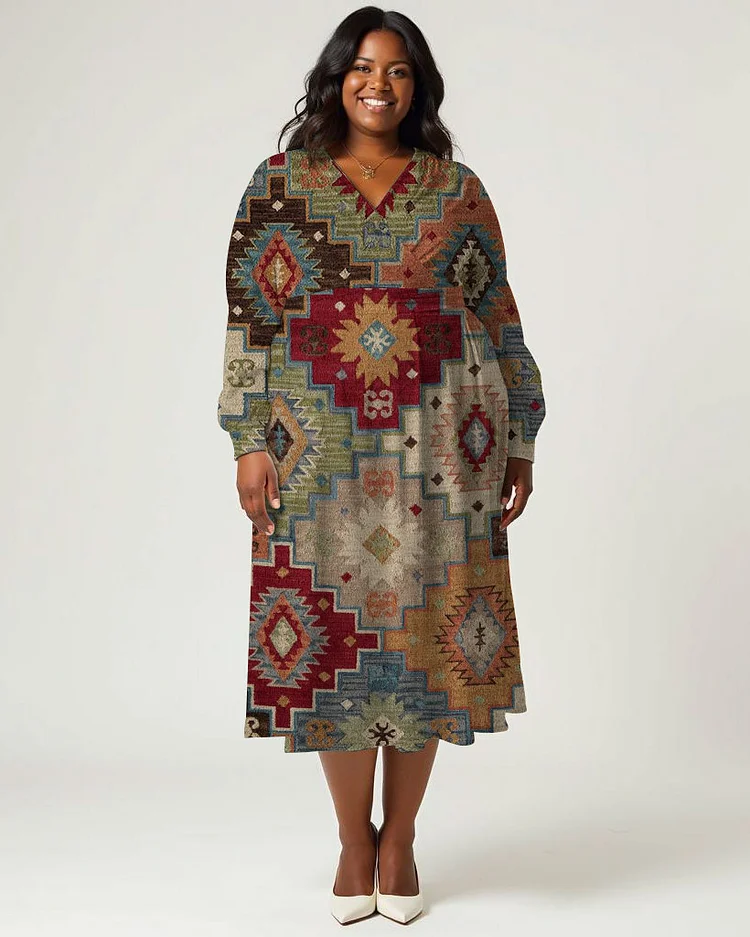 Plus Size Elegant Vintage Geometric Pattern Print Wrap Midi Dress
