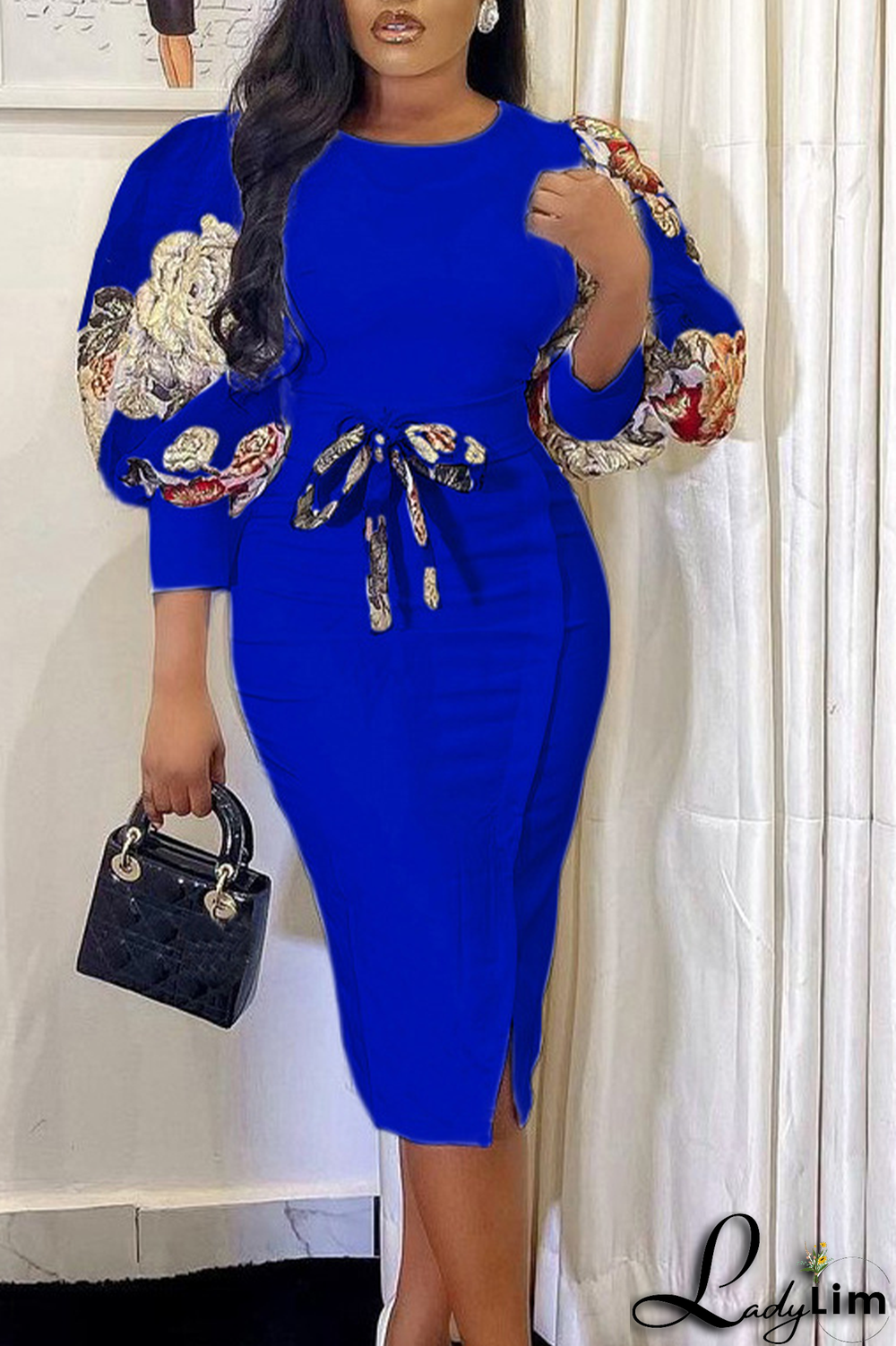 Royal Blue Fashion Print Patchwork O Neck Pencil Skirt Dresses