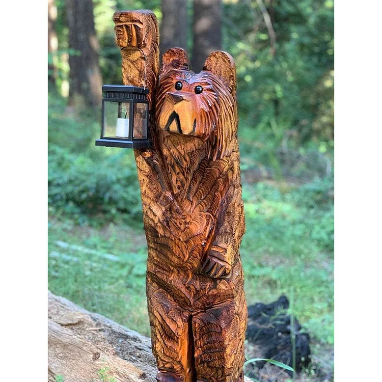 Cedar Carved Bear Chainsaw Carving with Solar Lantern (limited Edition) - Appledas