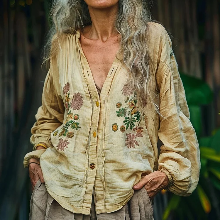 Bohemian Style Linen Floral Art Print Long Sleeve Loose  Shirt