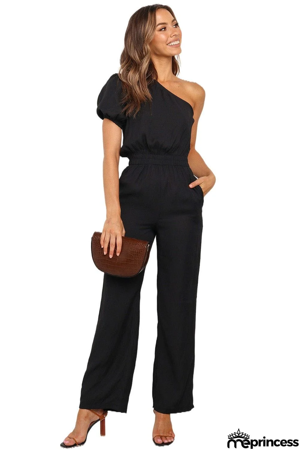 Asymmetric Bare Shoulder Bubble Sleeve Jumpsuit