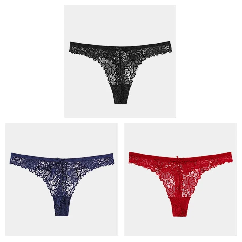 3Pcs/Lot Sexy Lace Thong Low Waist Lace Transparent Panties Women Hollow out Breathable G String Briefs Bow Underwear Lingerie