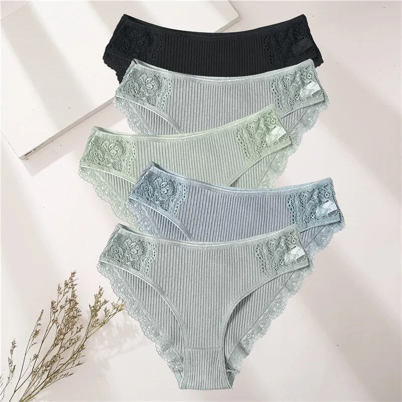FINETOO 5PCS/Set Women Cotton Underwear Panties Floral Lace Soft Intimates Underpant For Woman Sexy Ladies M-XXL Lingerie Panty