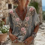 Women's Pink Roses Embroidered Art V-neck Short Sleeve Linen Blend T-shirt - Image 3