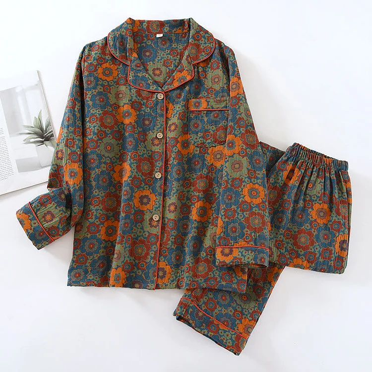 Colorful Floral Button Cotton Loungewear Set Radinnoo.com