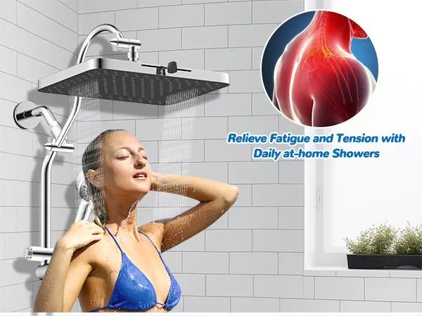 Hibbent Upgraded Chrome Fixed Shower Head Combo - 13'' Easy Reach High Pressure Rainfall Shower, 5-Jet Fixed Showerhead, 10-Mode Handheld, 12'' Extension Arm, 4-Way Diverter, 71'' Hose, Holder, cUPC Certified (Multi-Spray, Adjustable), Jets Fixed Showerhe