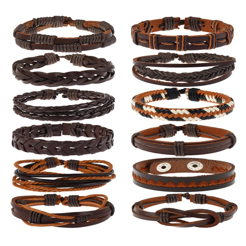 Men's simple woven retro cowhide bracelet diy combination 12-piece set