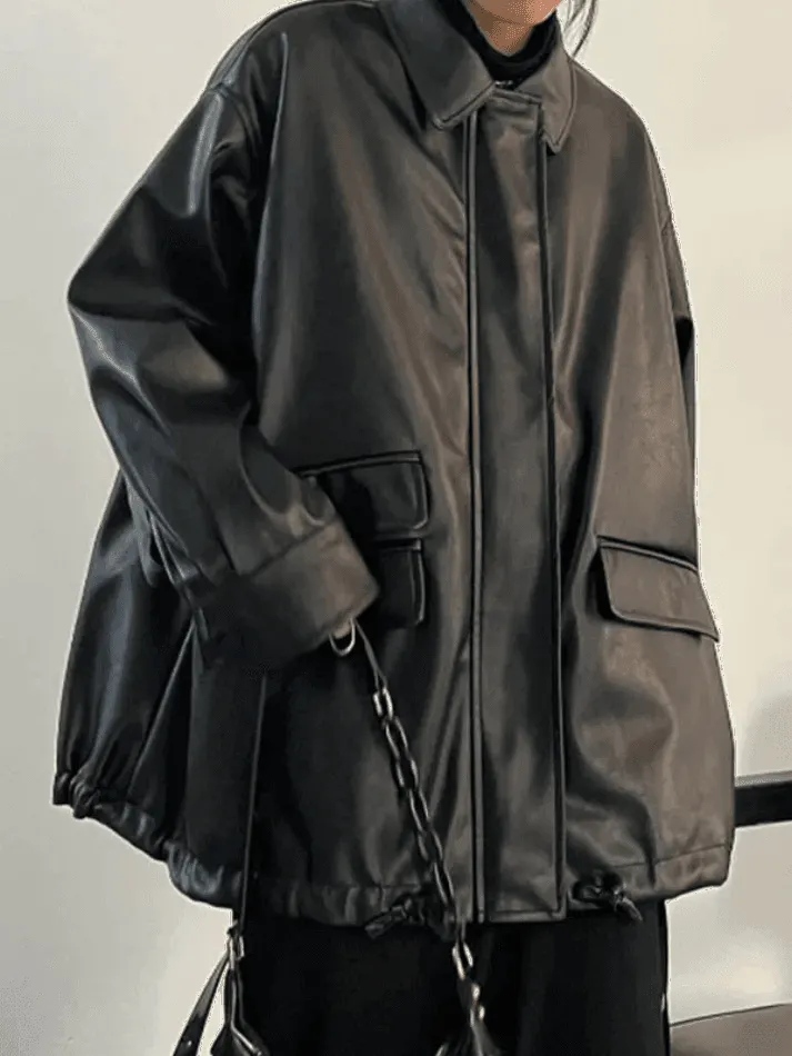 Brownm Oversized Black Faux Leather Jacket