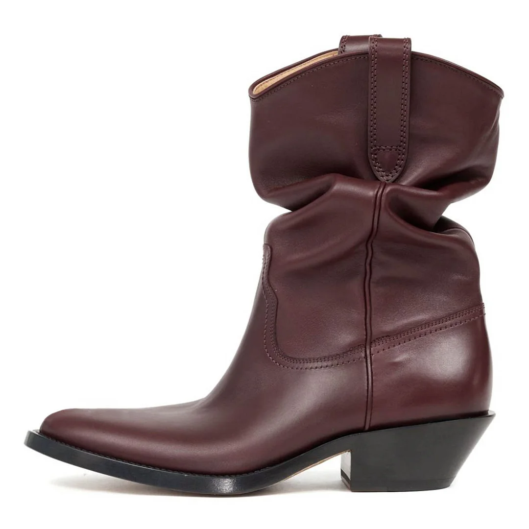 Dark Brown Almond Toe Side Loops Block Heel Silhouette Booties