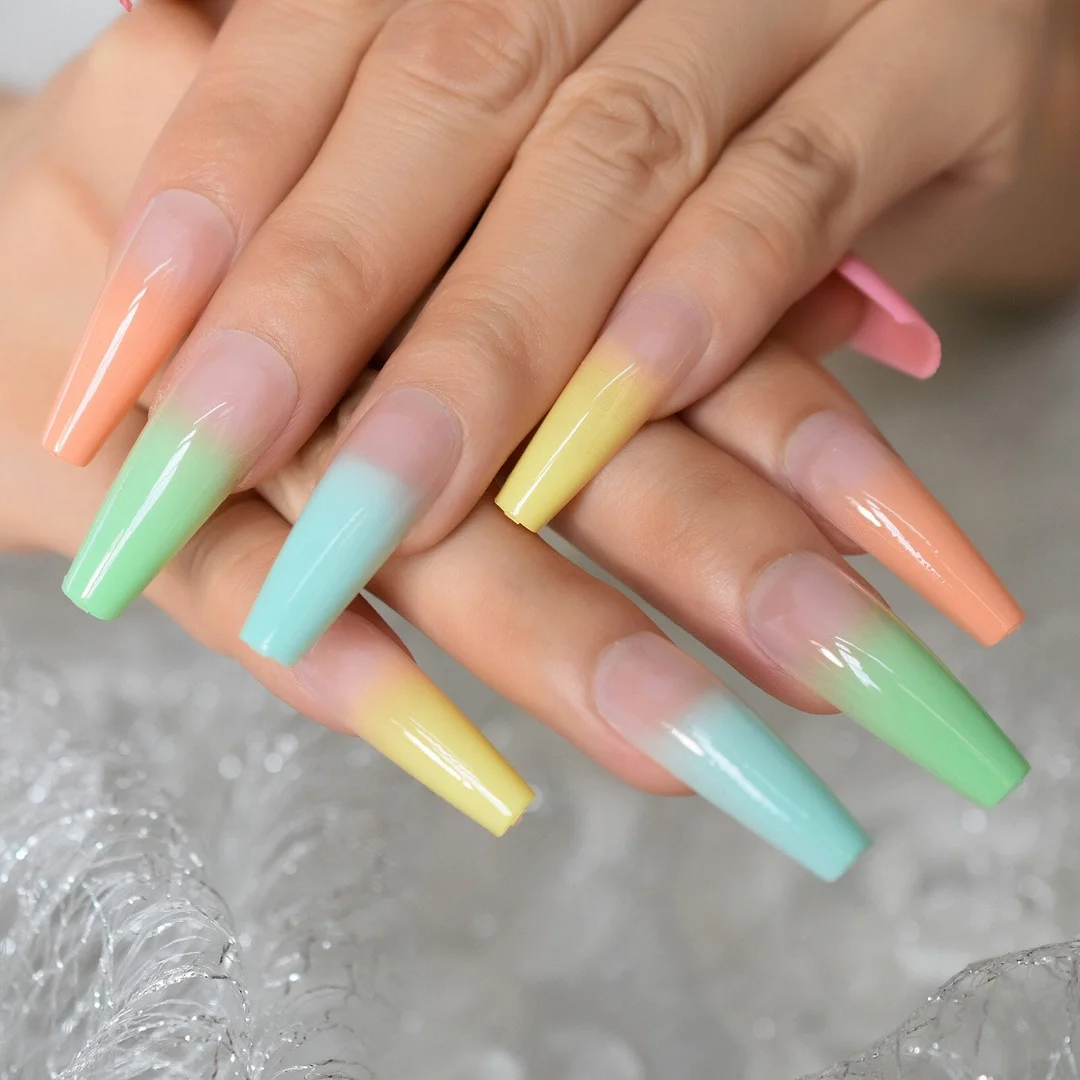 Rainbow Long Press on Nails Coffin Glossy Nude Ombre Fake Nails Set Colorful Ballet Acrylic False Artificial Nail Tips For Women-Nail Inspo
