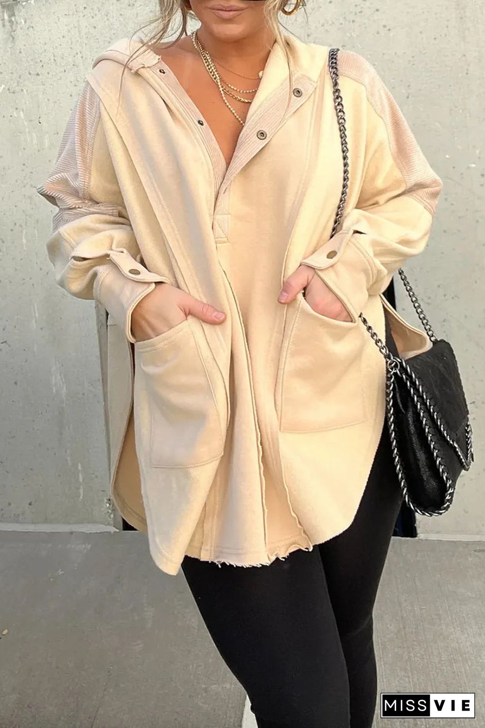 Casual Solid Pocket Slit Hooded Collar Tops