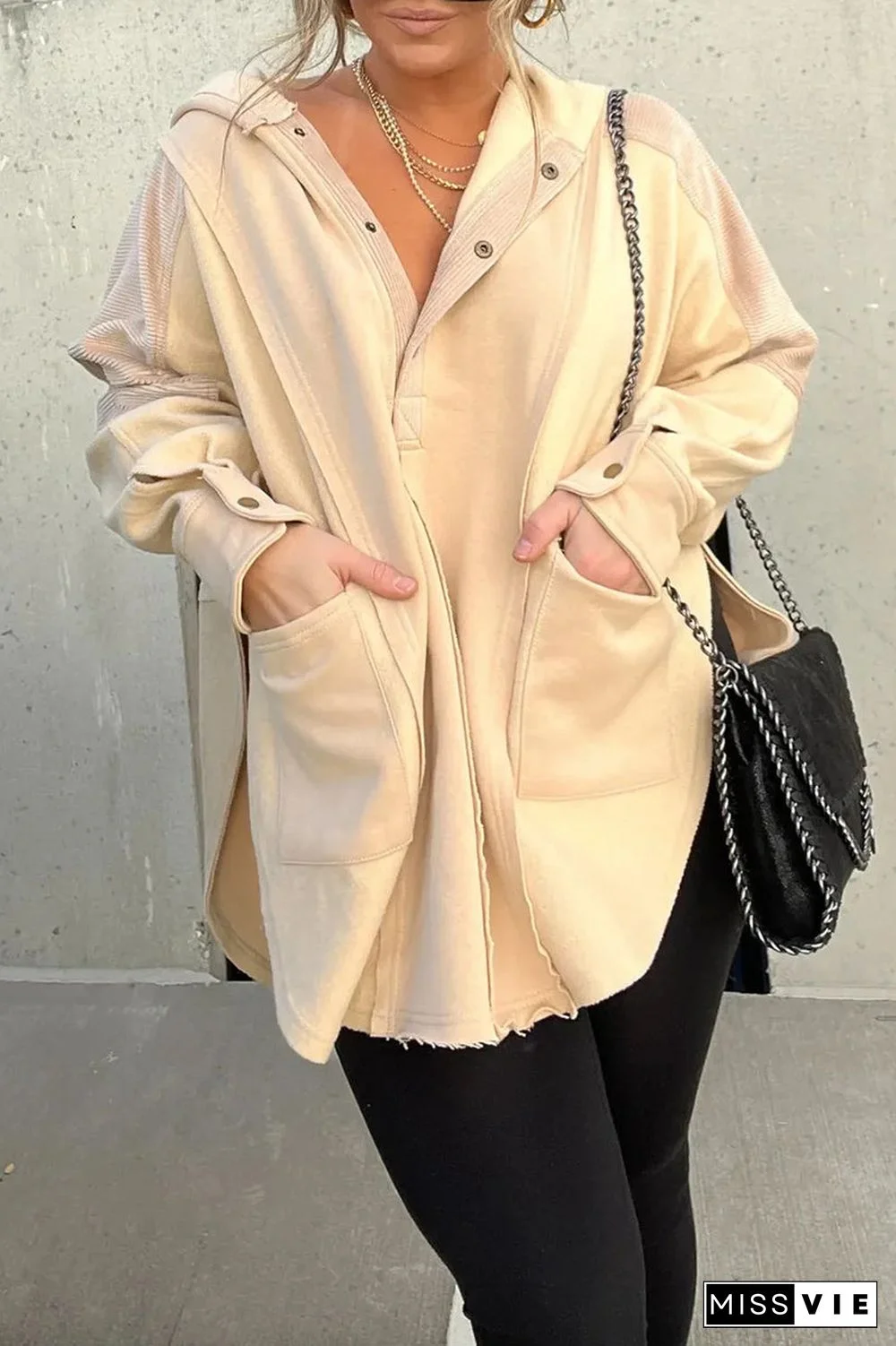 Casual Solid Pocket Slit Hooded Collar Tops