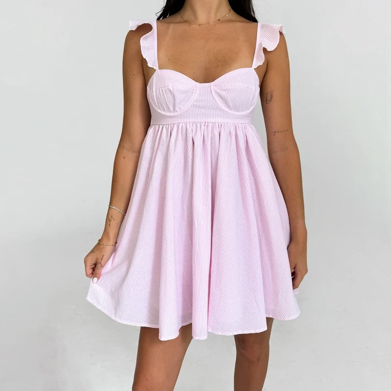 Floral Flowy Dress Fairy Cottage Ruffles Strap A-line Dress Boho Beah Backless Loose Fit Mini Dress