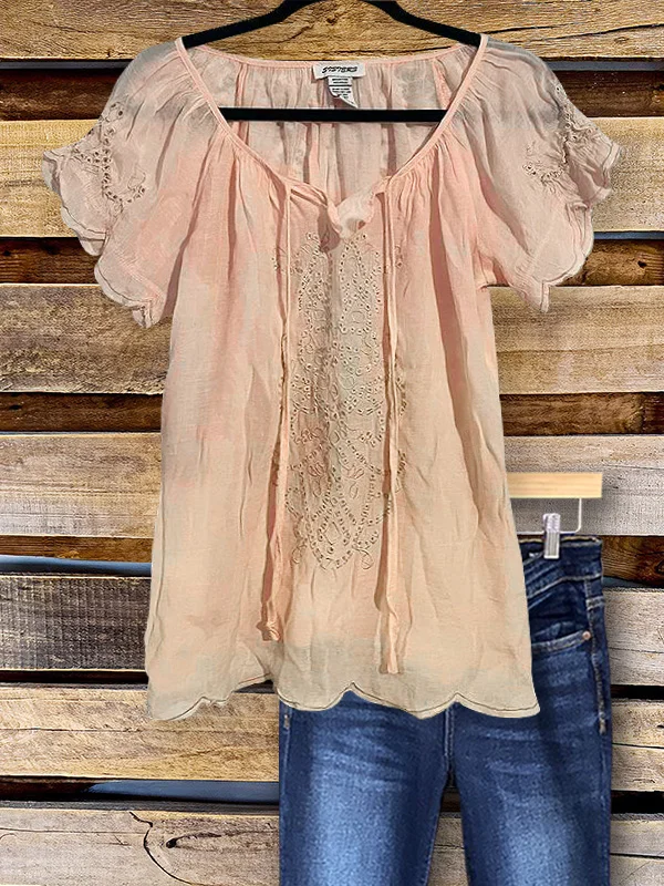 Casual Ruffled Embroidered Short-Sleeved Top