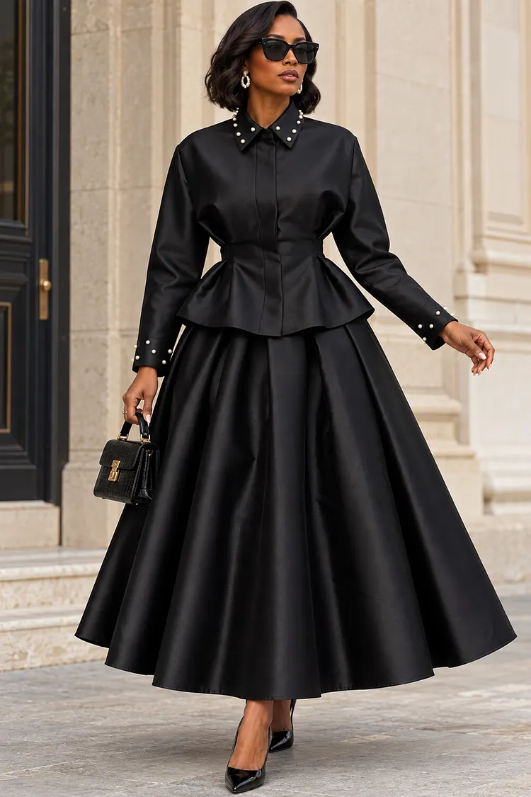 Xpluswear Design Plus Size Business Casual Black Shirt Collar Long Sleeve Pocket Pearls Satin Two Piece Skirt Sets [Pre-Order] 2024 - Xpluswear