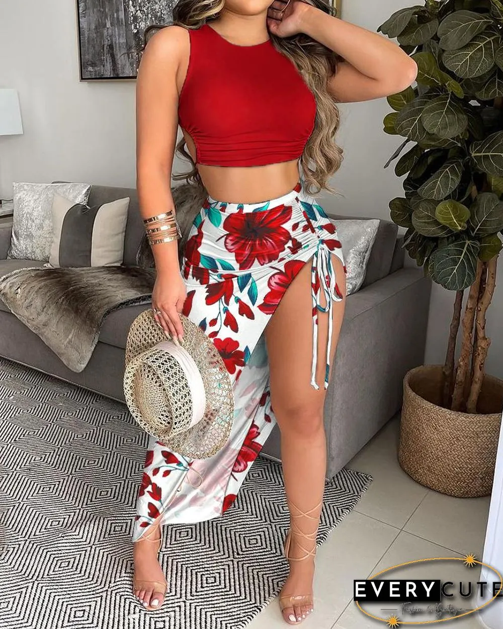 Solid Tank Top & Floral Drawstring Ruched Slit Thigh Skirt Set