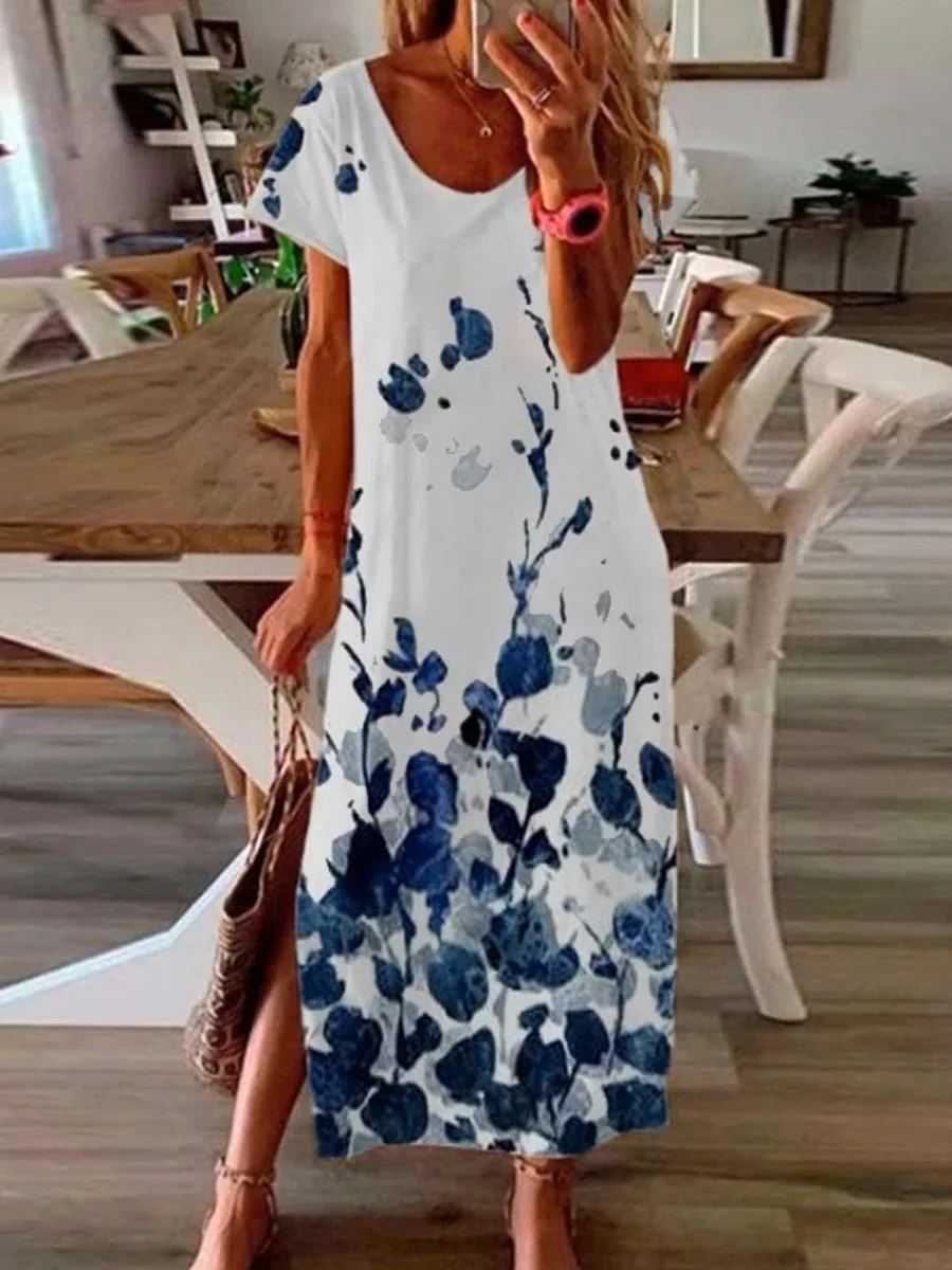 Casual Loose Print Crew Neck Short Sleeve Slit Maxi Dress