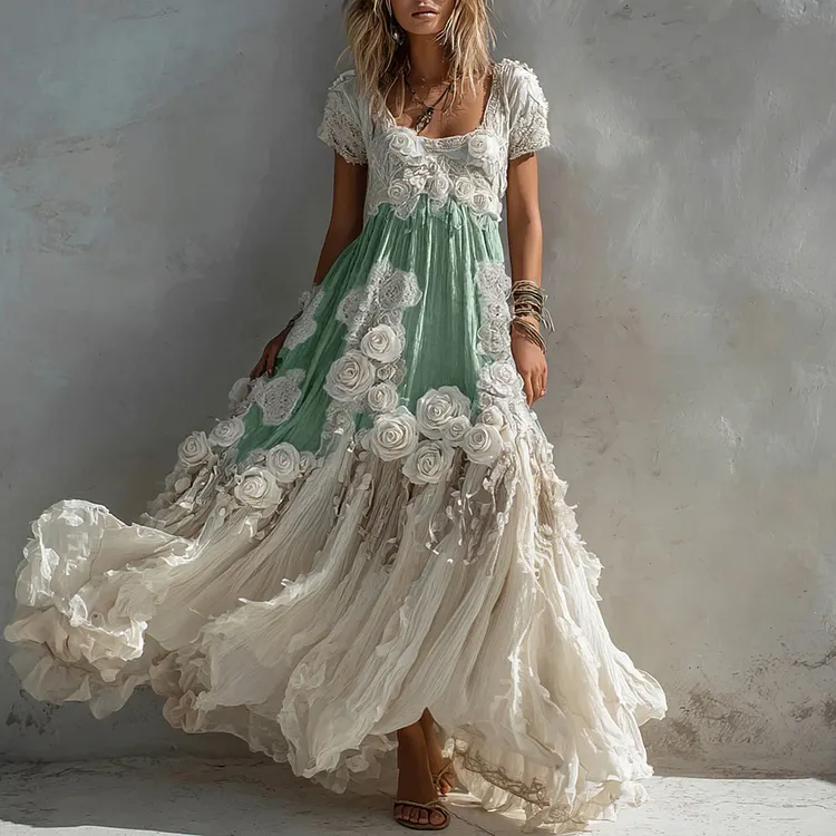 Women's Vintage White Rose Pattern Linen Short Sleeve Dress