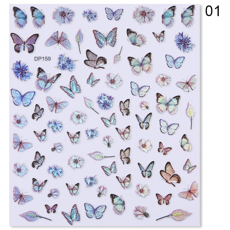 1pcs 3D Laser Blue Butterfly Nail Art Stickers Adhesive Sliders Silver Butterfly Spring Flower Nail Art Decals Foils Wraps Decor