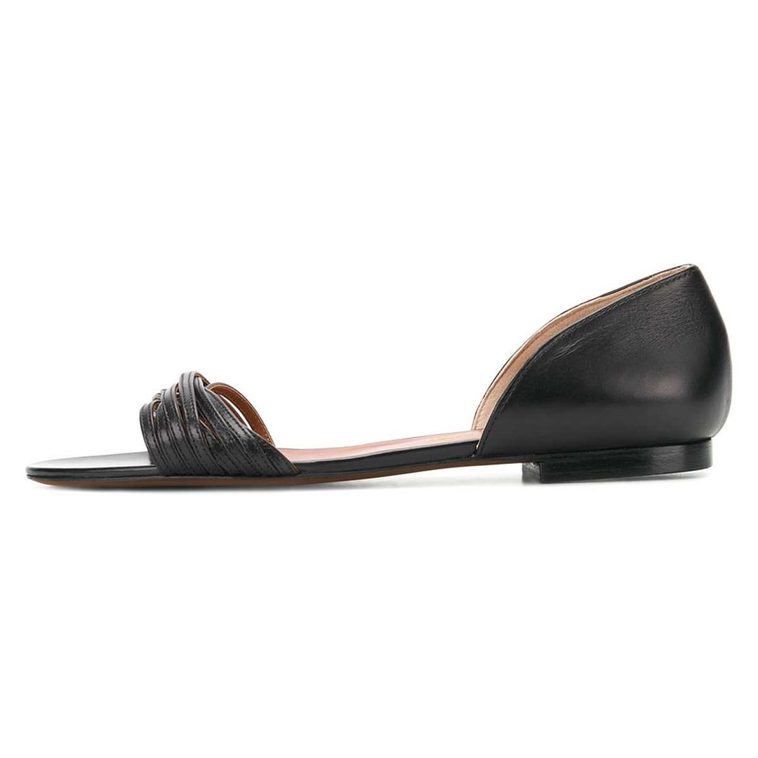 Black Vegan Leather Open Round Toe Slip On Flat Sandals for Women