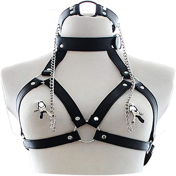SM Leather Bondage Bra with Breast Clips 