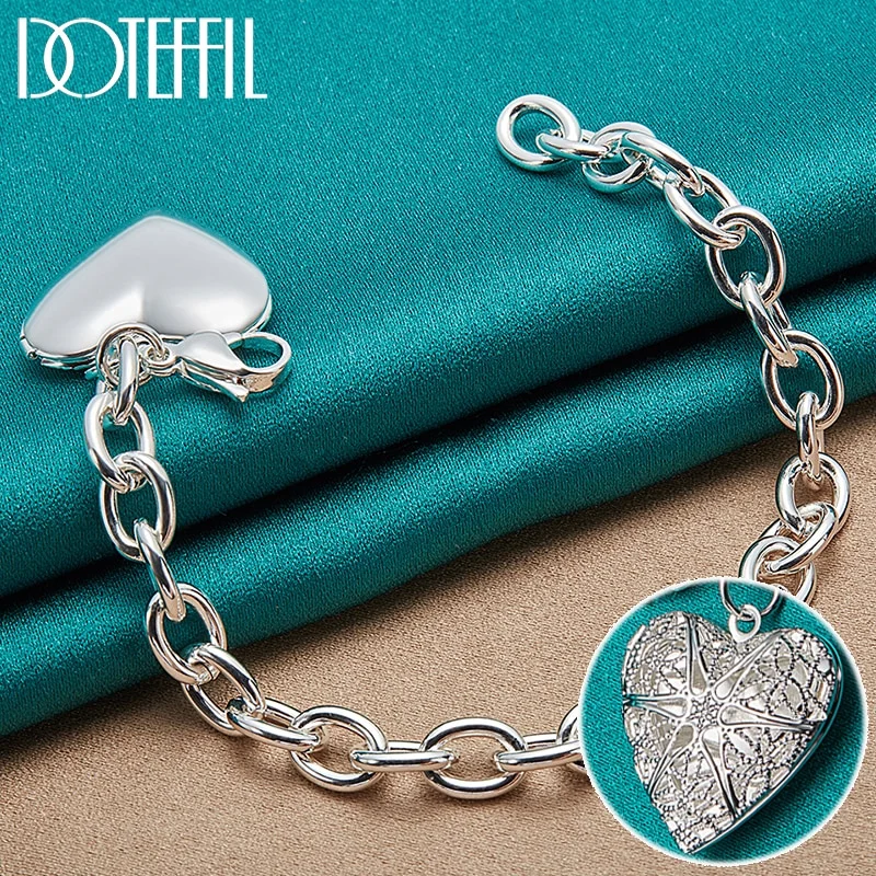 925 Sterling Silver Heart Photo Frame Pendant Bracelet For Women Man Jewelry