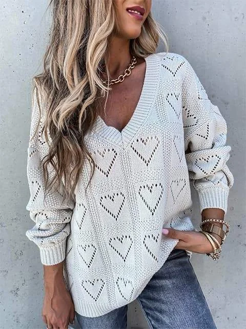 Solid Heart Hollow Out V Neck Sweater