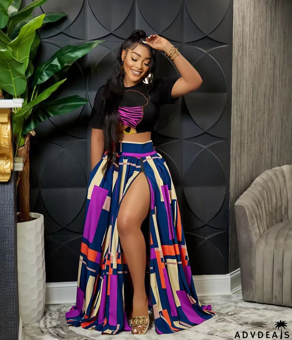 Summer Printed Top+Printed Swing Skirt Two-Piece Set