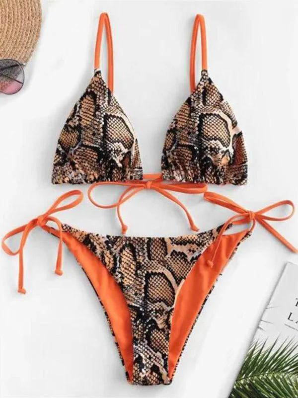 Snake-Print Double-Sided Triangles Bandage Split Bikini Swimsuit