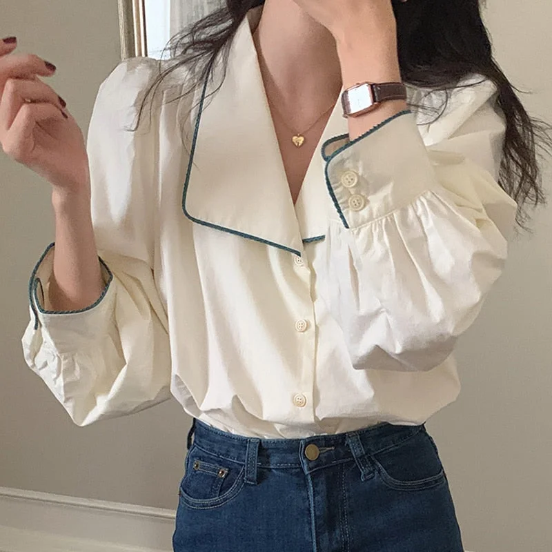 UForever21 Korean Style Vintage Lapel Shirt Women Spring 2022 New Fashion Long Sleeve Tops Contrast Color Elegant Casual Blusas Mujer