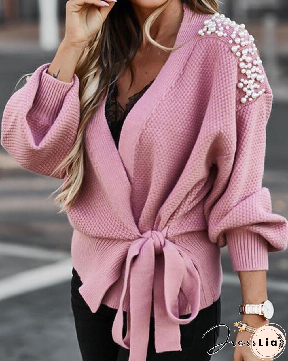 Wide-sleeved Knitted Cardigan With Tie