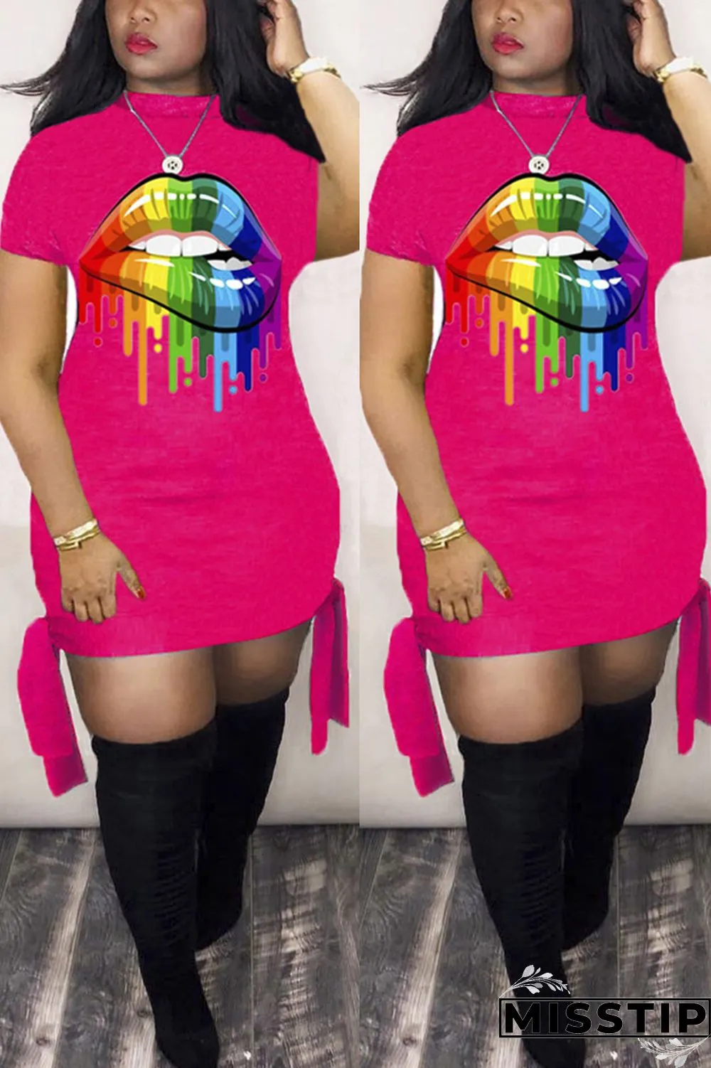 Black Fashion Lips Print Short Sleeve Dress
