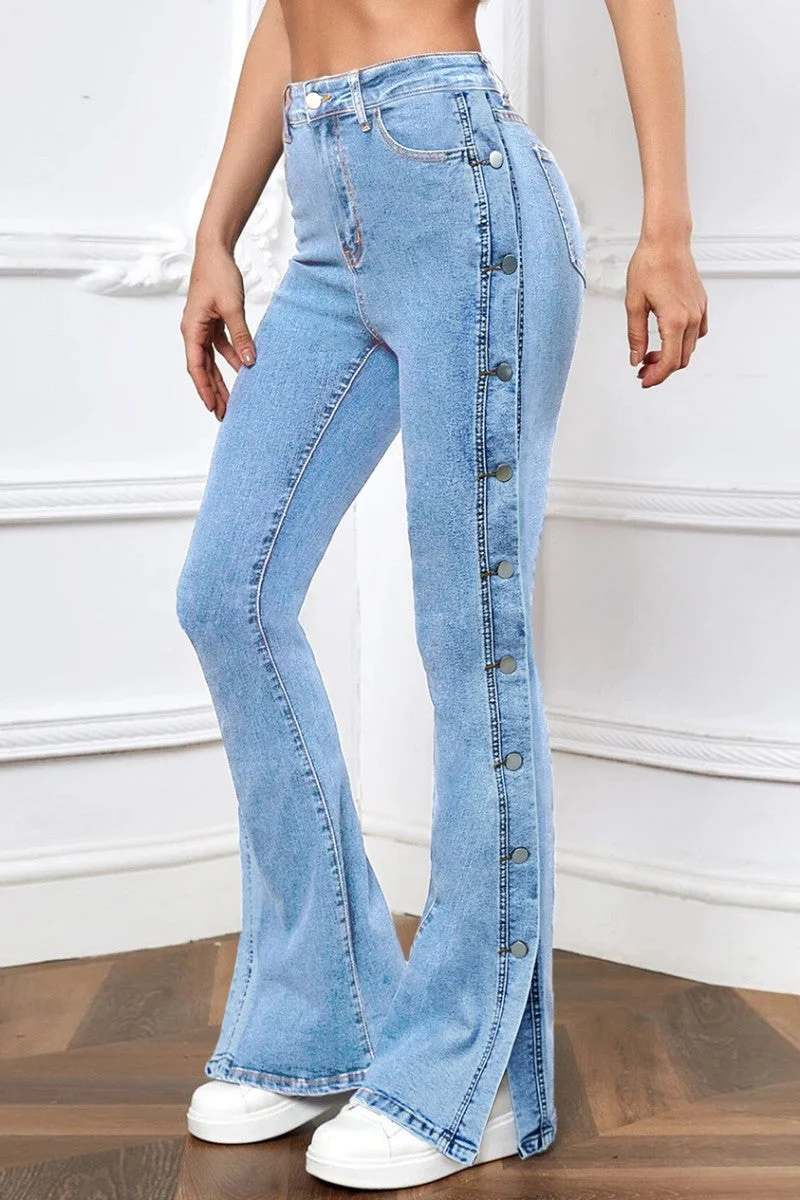 Casual Solid Patchwork Mid Waist Regular Denim Jeans