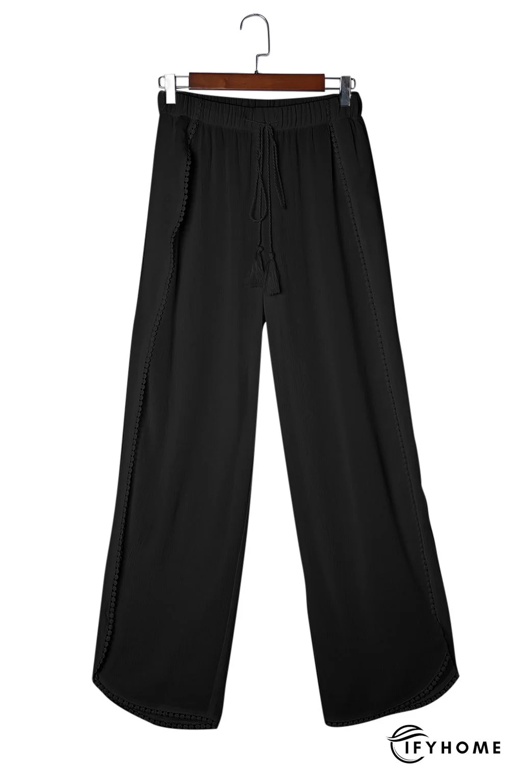 Black Lace Trim Along Split Leg Beach Cover up Pants | IFYHOME