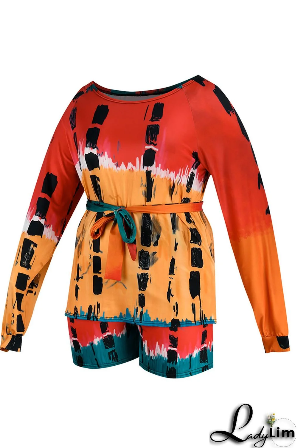 Red Casual Print Patchwork Off the Shoulder Plus Size Two Pieces
