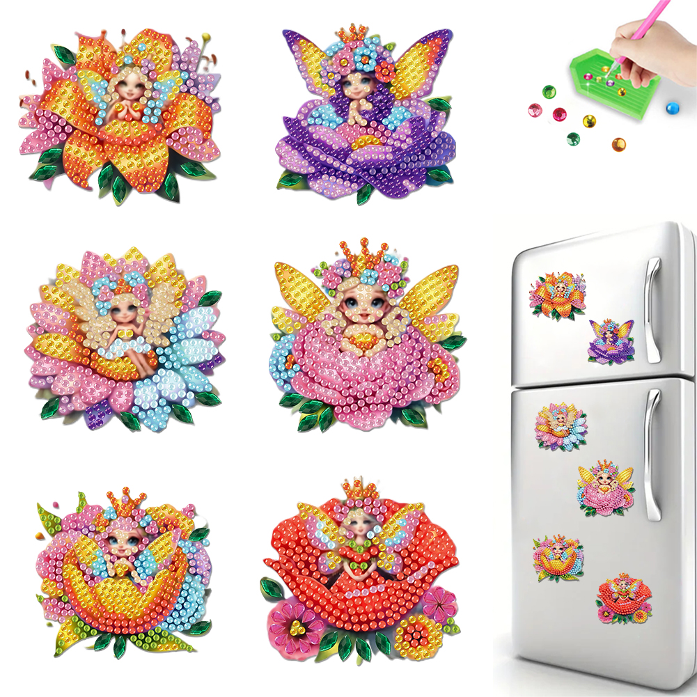 6Pcs Acrylic Flower Elf Diamond Art Refrigerator Magnets Sticker for Beginners