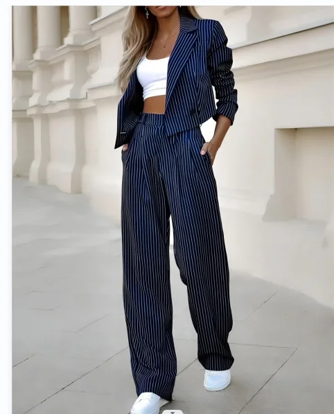 Wongn Wongn Women's Temperament Casual Stripe Short Lapel Suit Straight Pants Suit