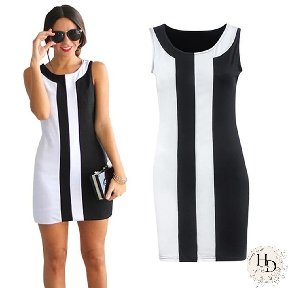 Summer Fashion Women O-neck Sleeveless Black and White Patchwork Party Mini Dress