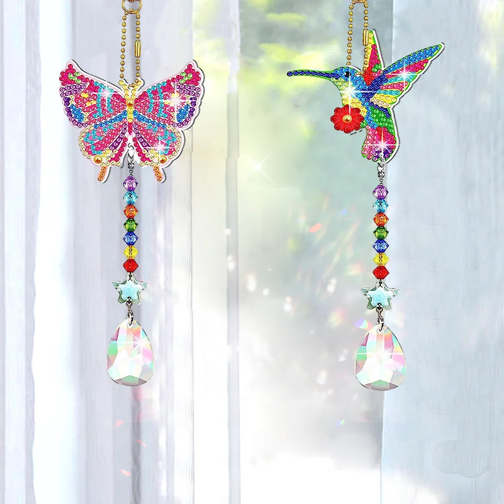 2pcs DIY Butterfly Hummingbird Suncatcher Diamond Drawing Hanging Ornament Kit