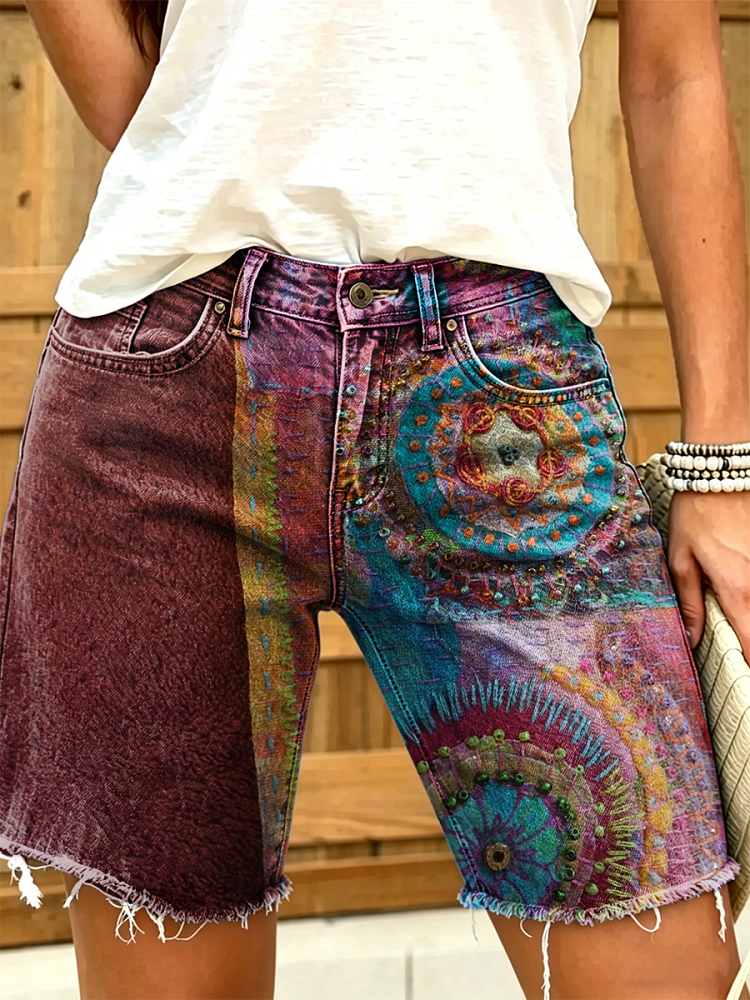 Women's Retro Colorful Ethnic Art Print Casual Washed Cotton Denim Shorts